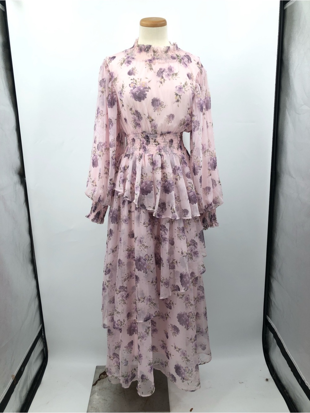Batul The Collection floral tiered modest XS dress maxi dress chiffon PINK - Picture 3 of 12